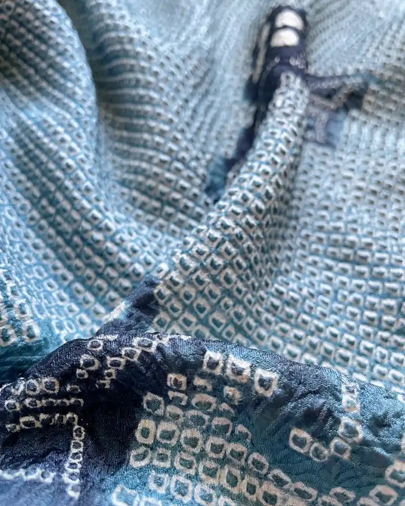 Light blue butterfly-patterned kimono haori jacket lined with autumn leaves pattern