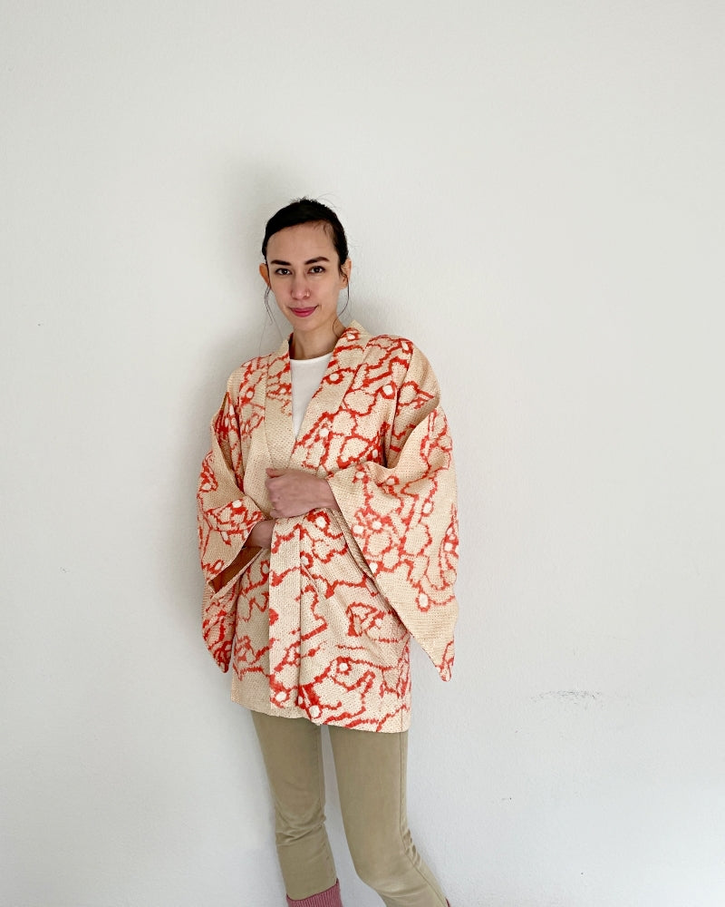 Geometric Cherry Blossom Branch Shibori Haori Kimono Jacket