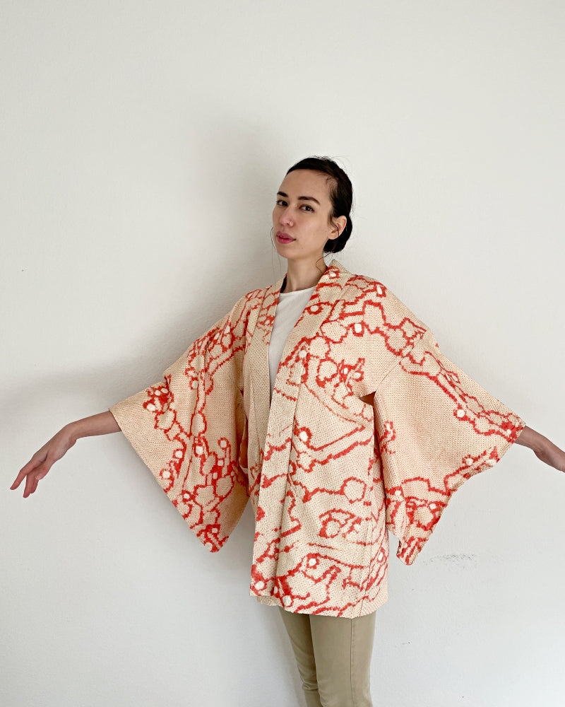 Geometric Cherry Blossom Branch Shibori Haori Kimono Jacket