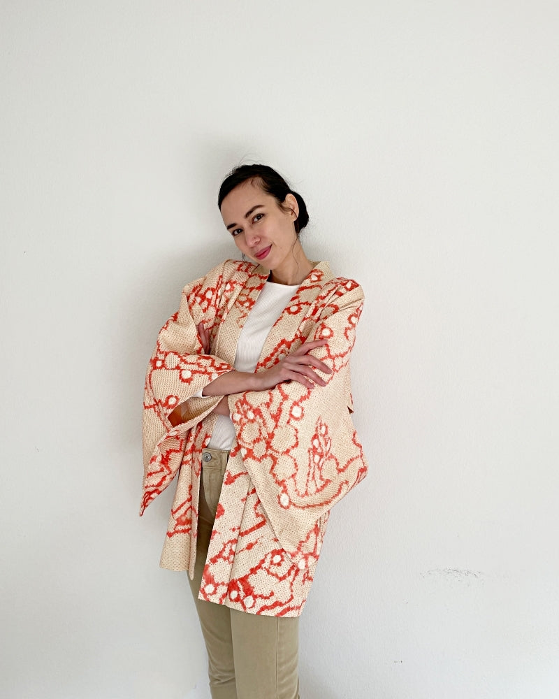 Geometric Cherry Blossom Branch Shibori Haori Kimono Jacket