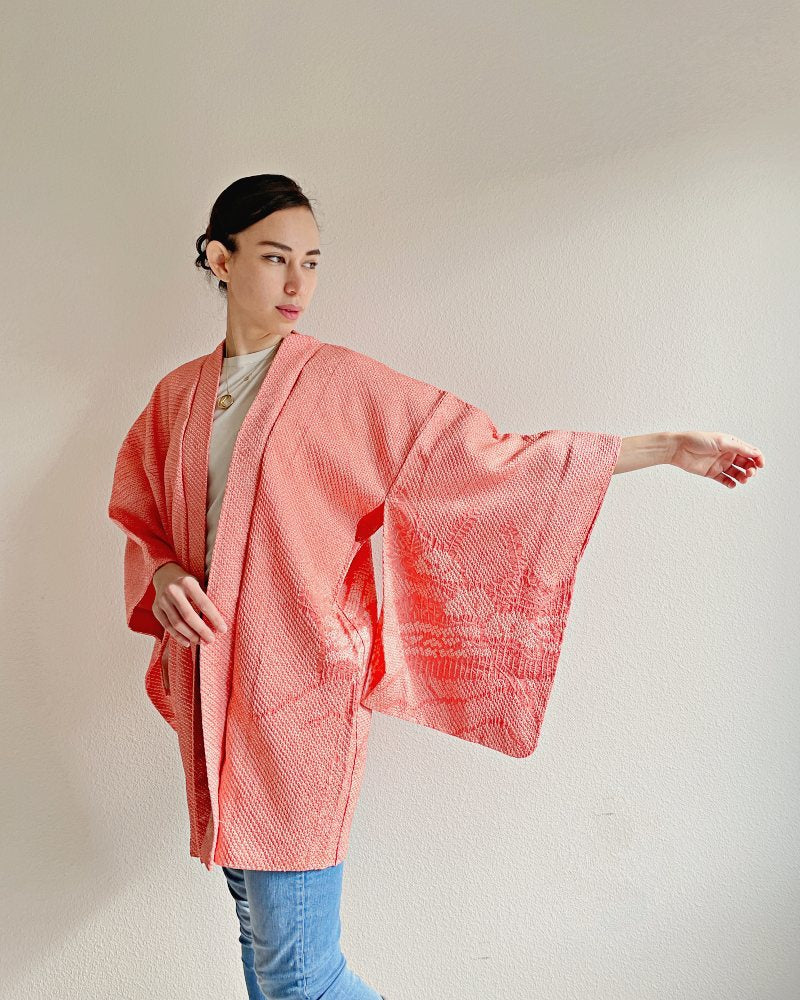 Coral Sunset Shibori Haori Kimono Jacket