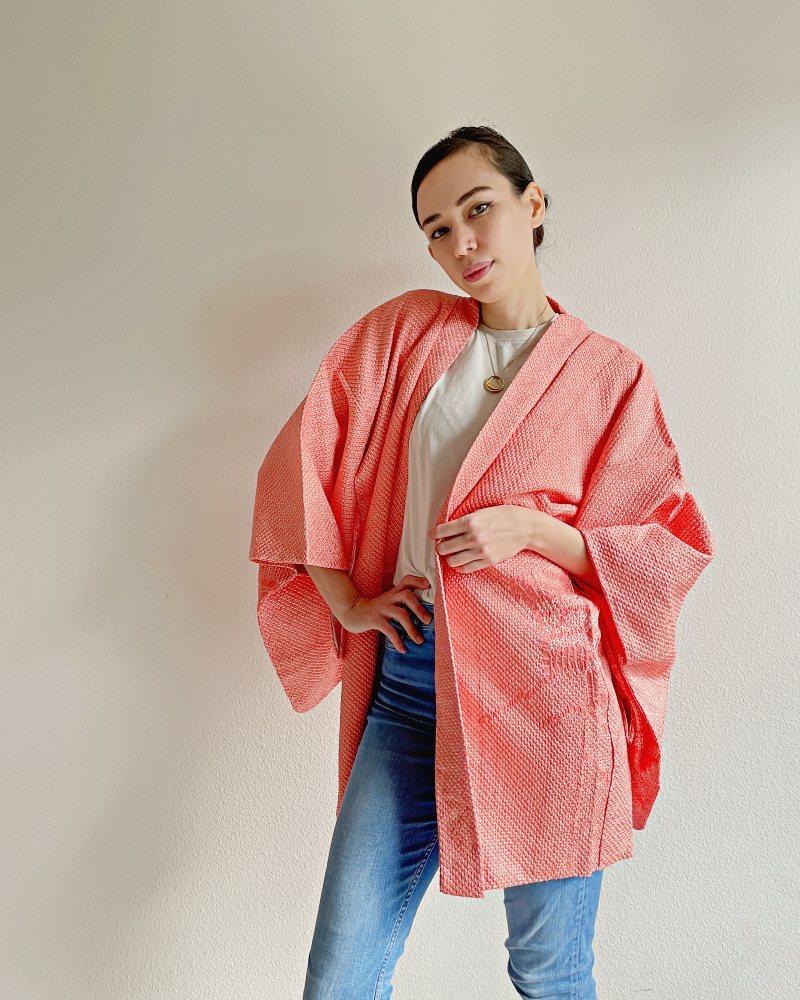 Coral Sunset Shibori Haori Kimono Jacket
