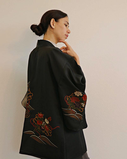 Mum Flower Magic Black Haori Kimono Jacket