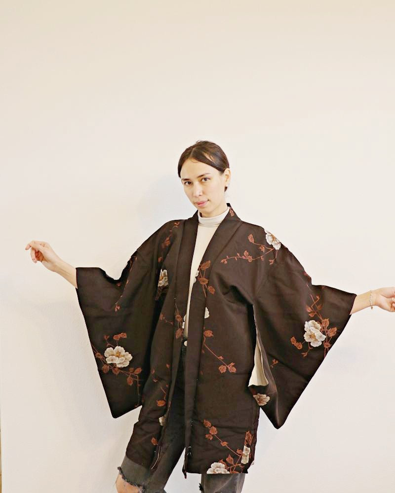 Camellia Blossoms on the Vine Black Haori Kimono Jacket