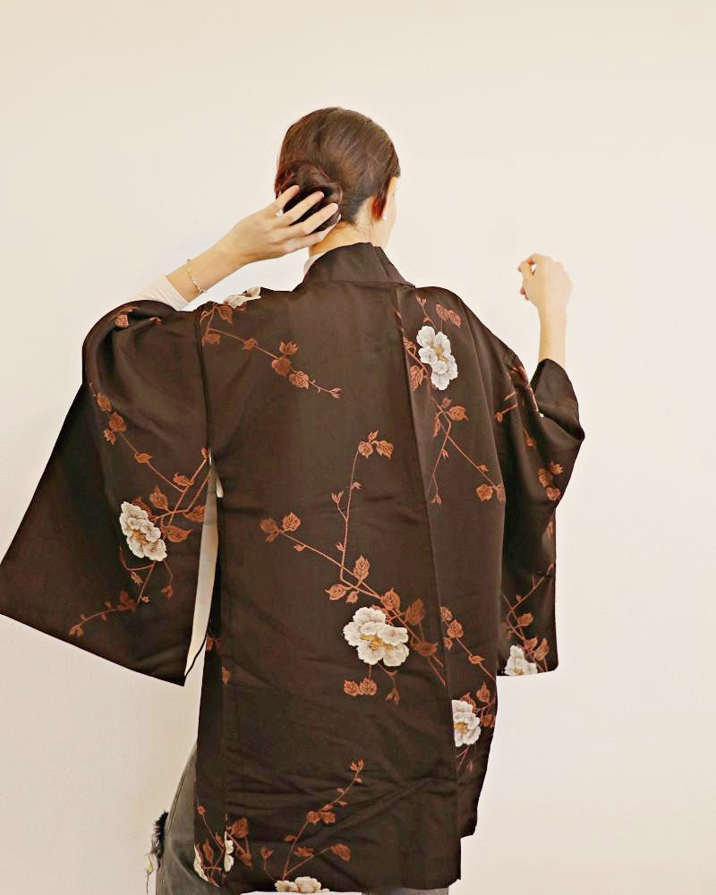 Camellia Blossoms on the Vine Black Haori Kimono Jacket