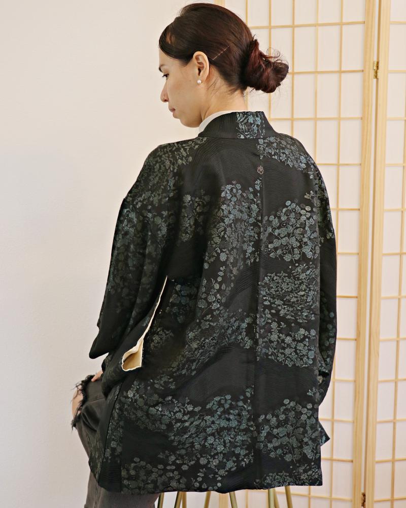 Midnight Blue Blossoms on Black Haori Kimono Jacket