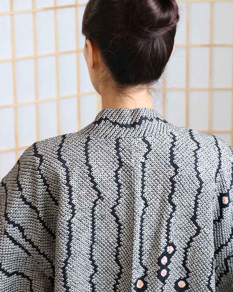 Black Bertical Stripes Shibori Haori Kimono Jacket