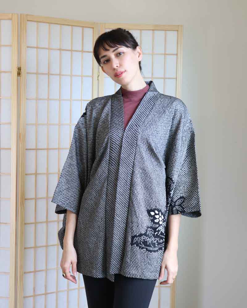 Black Leaves Shibori Haori Kimono Jacket