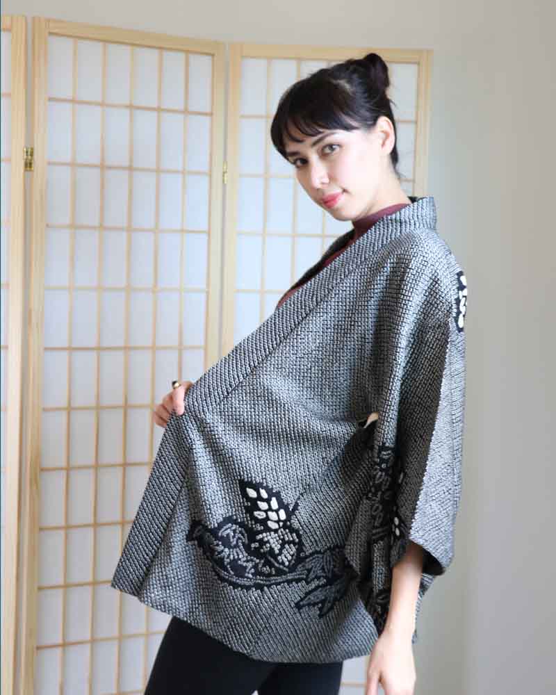 Black Leaves Shibori Haori Kimono Jacket