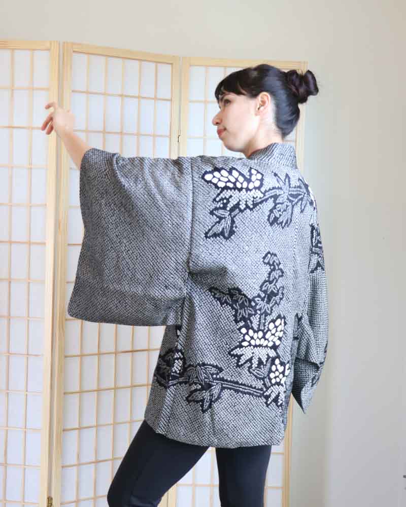 Black Leaves Shibori Haori Kimono Jacket