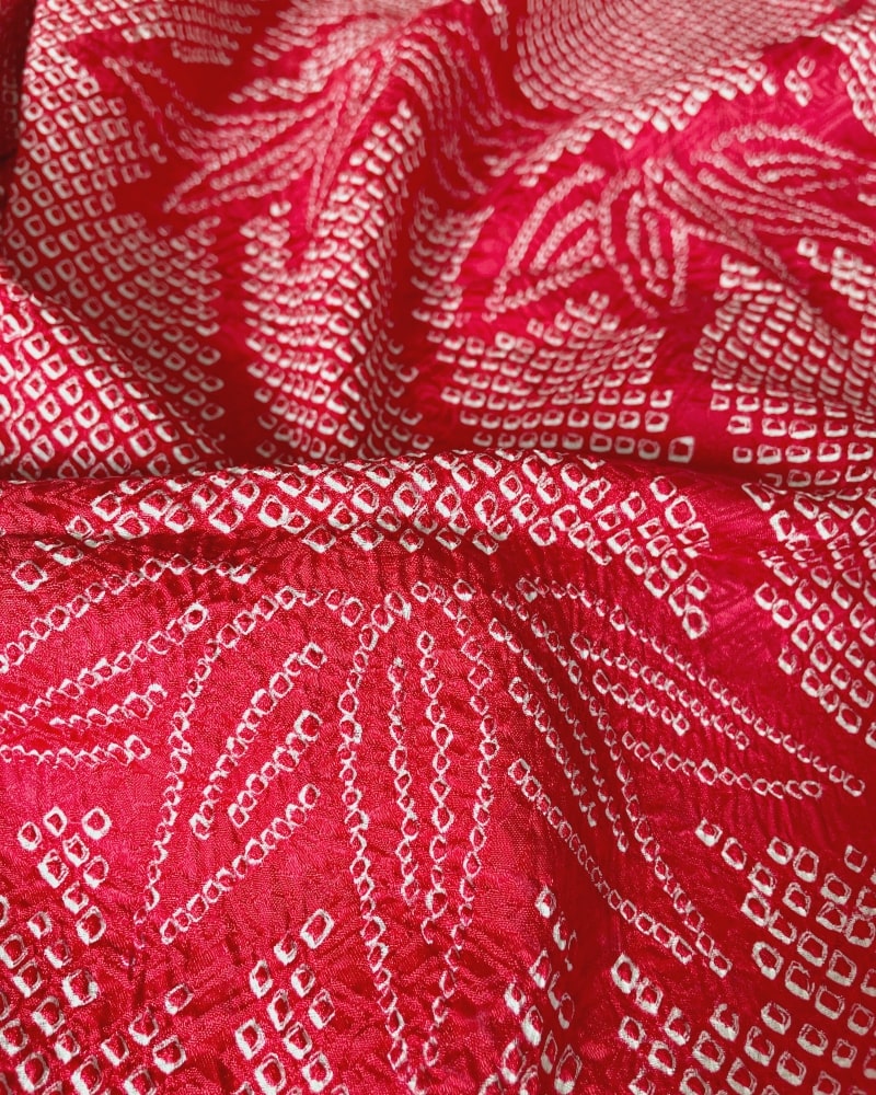 Bamboo Leaves Shibori Haori Kimono Jacket from the KIMONO ZEN brand, in an expanded shade of red fabric.