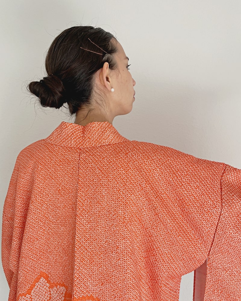Kimono zen brand's Beautiful Narcissus Haori Kimono Jacket, with a beautiful fall-colored shibori back side.