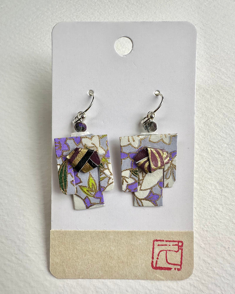 Kimono Origami Jewelry Zen Earrings -Purple/ White