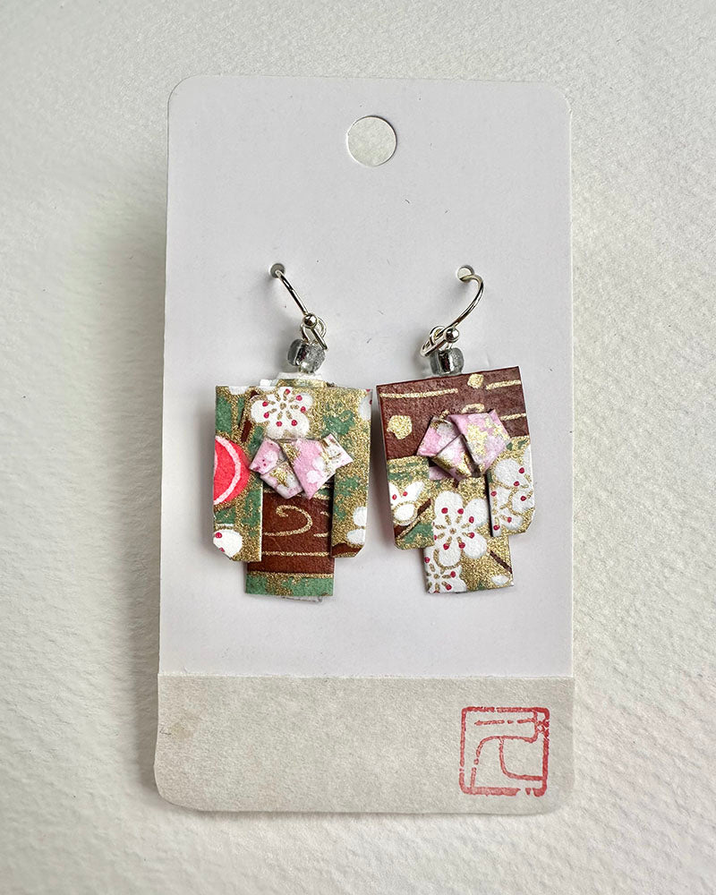 Kimono Origami Jewelry Zen Earrings -Brown /Green