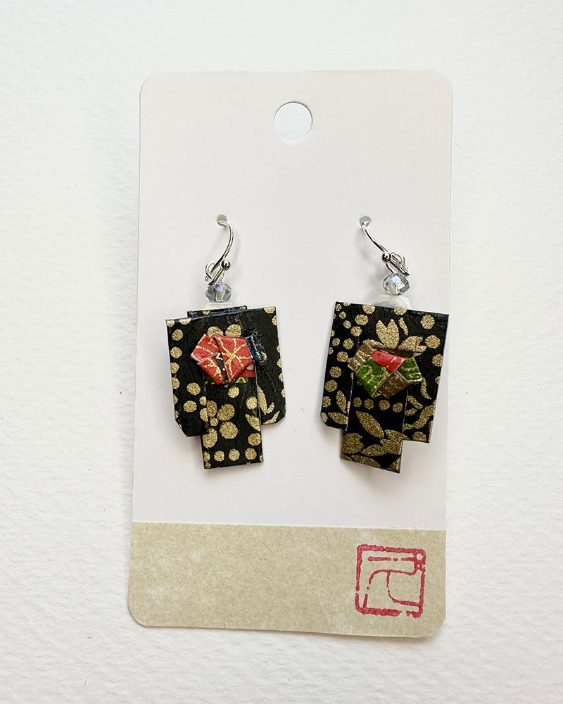 Kimono Origami Jewelry Zen Earrings -Black Sakura