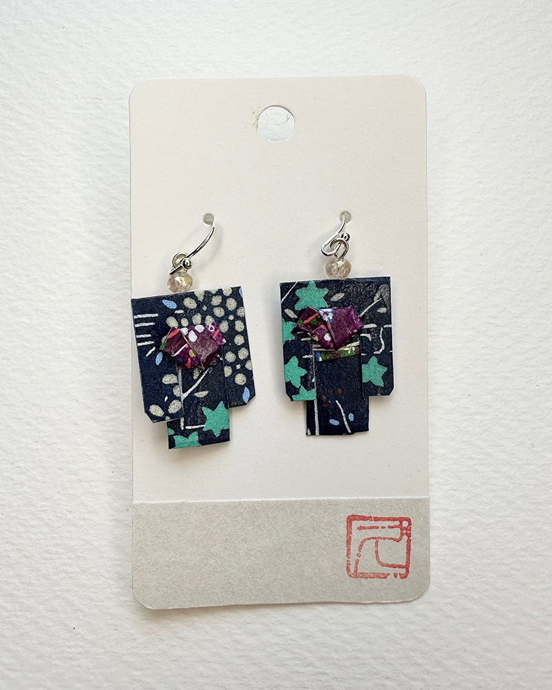 Kimono Origami Jewelry Zen Earrings -Dark Blue Stars
