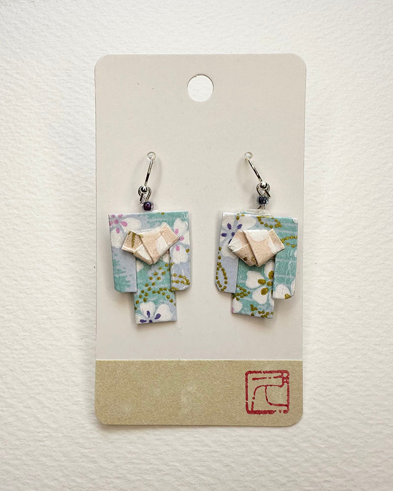 Kimono Origami Jewelry Zen Earrings -Emerald Blue Sakura