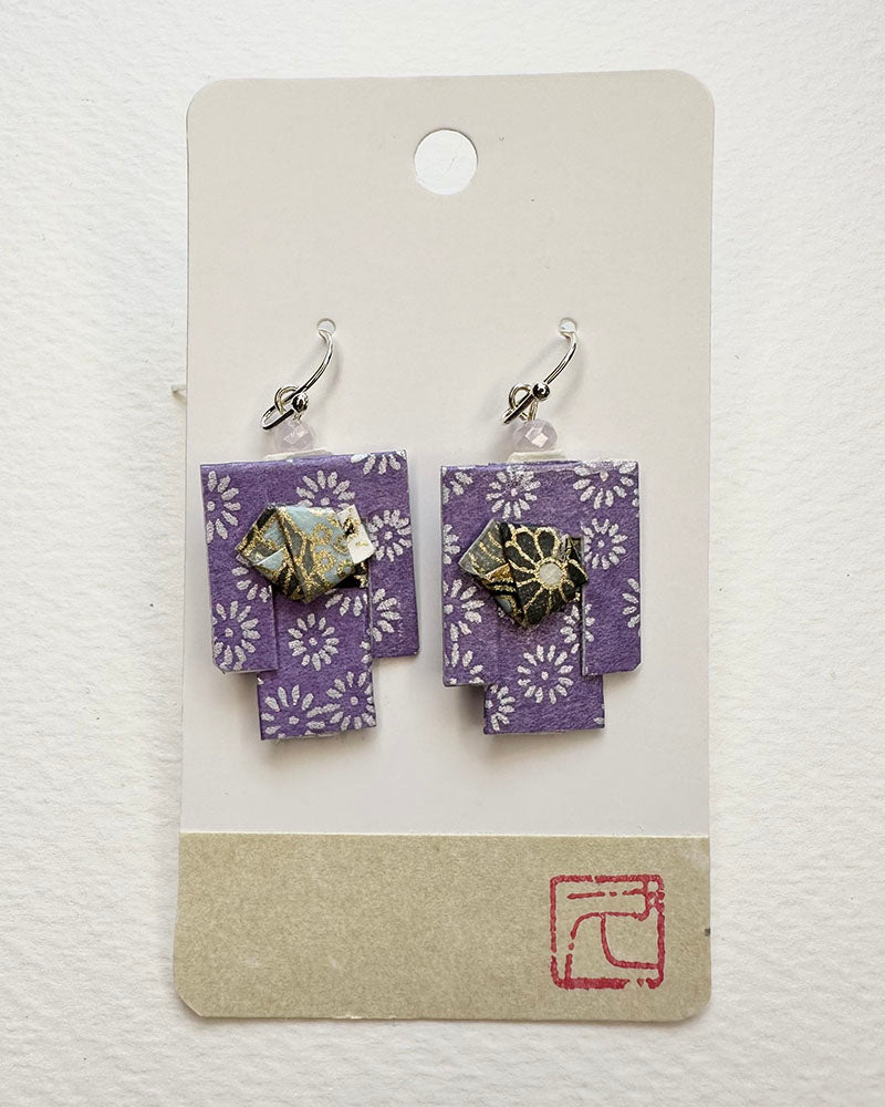 Kimono Origami Jewelry Zen Earrings -Small Purple Flowers