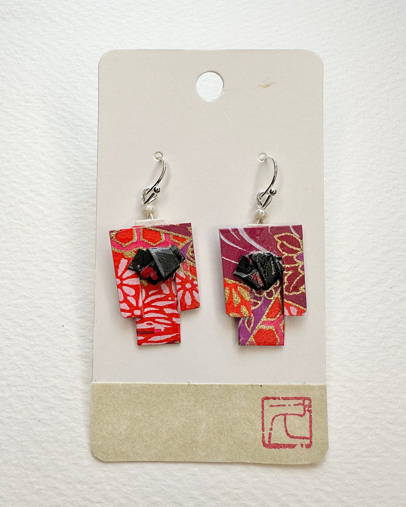 Kimono Origami Jewelry Zen Earrings -Red & Purple