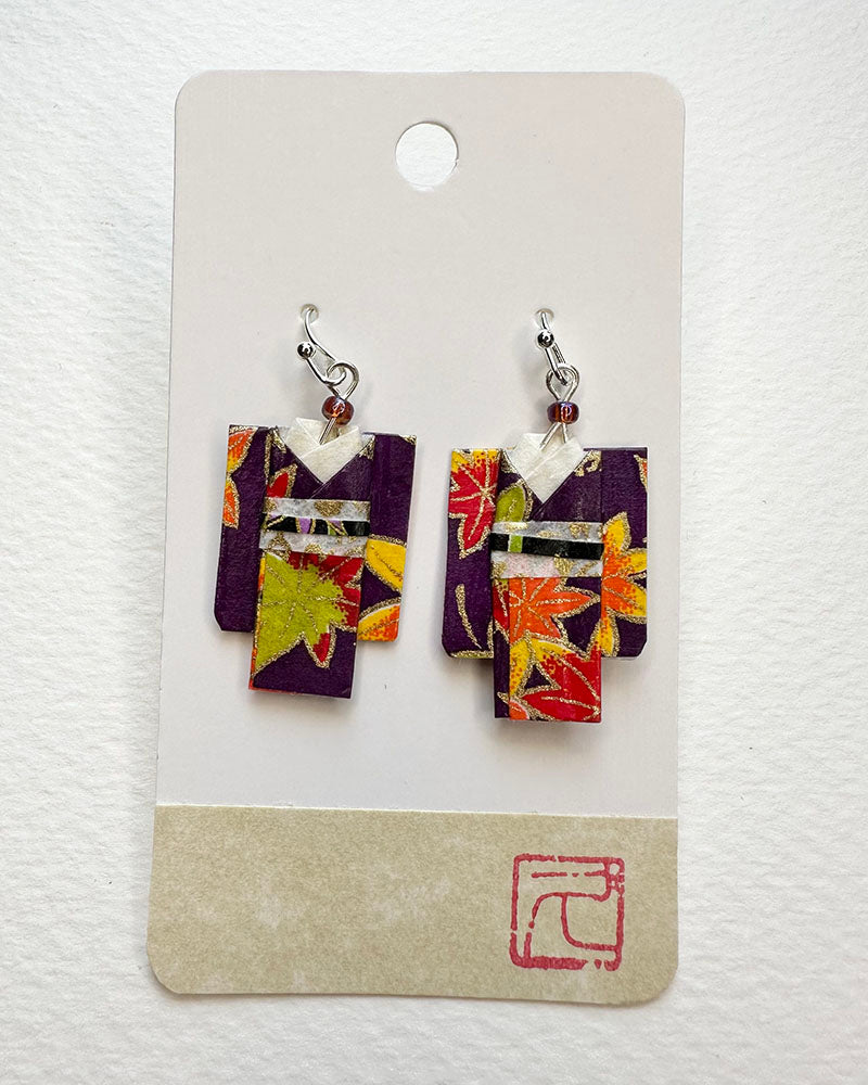 Purple Maple Kimono Textile Non-Toxic water-based glue & finish. Washi Paper, Beads, Allergy free Metalic Hand-crafted by Hisao Deldeo All earrings are one of a kind /Origami Jewelry/ Origami Earrings/ Kimono accessory/ Kimono Jewelry/Origami Yukata Jewelry/ Yukata