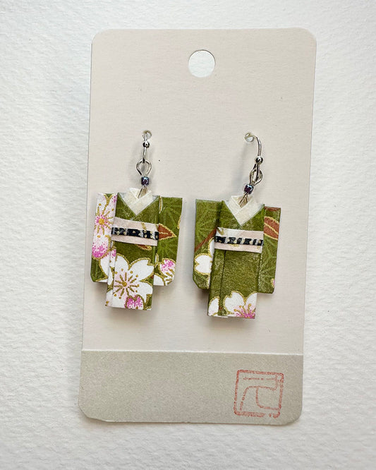 Bright Green Sakura Kimono Textile Non-Toxic water-based glue & finish. Washi Paper, Beads, Allergy free Metalic Hand-crafted by Hisao Deldeo All earrings are one of a kind /Origami Jewelry/ Origami Earrings/ Kimono accessory/ Kimono Jewelry/Origami Yukata Jewelry/ Yukata