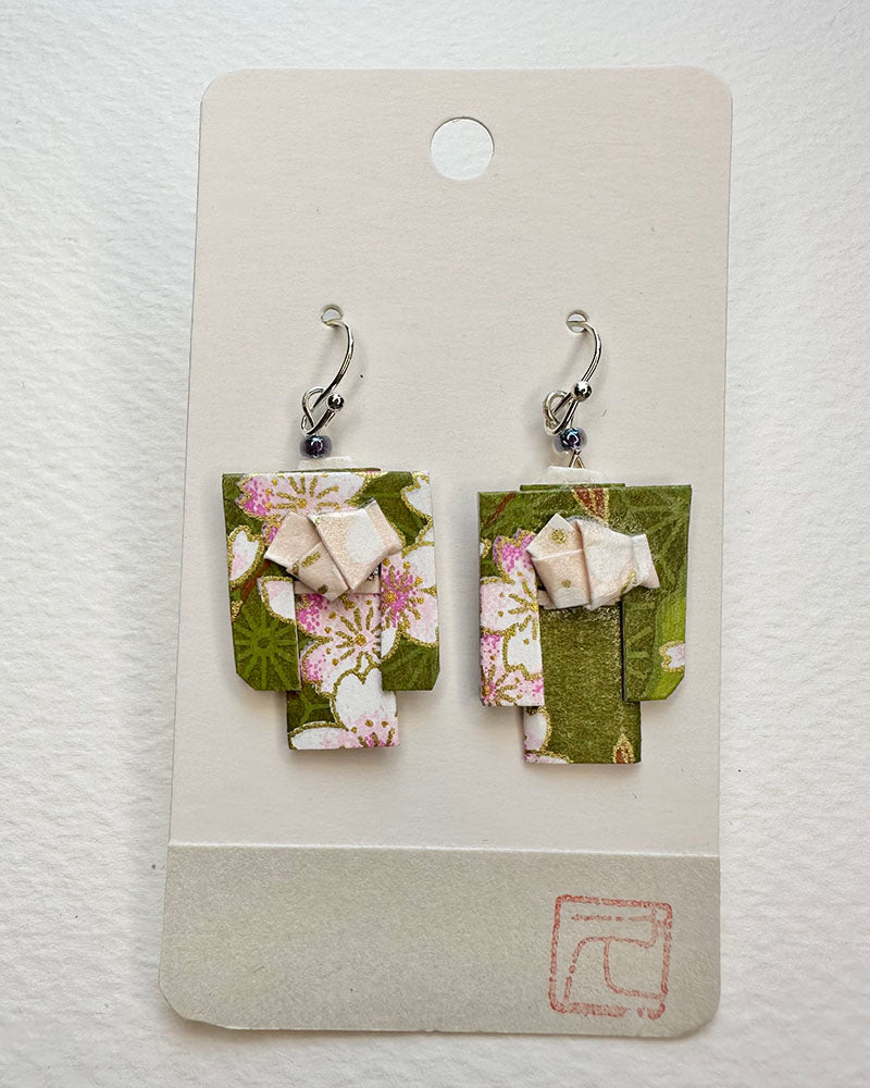 Kimono Origami Jewelry Zen Earrings -Bright Green Sakura