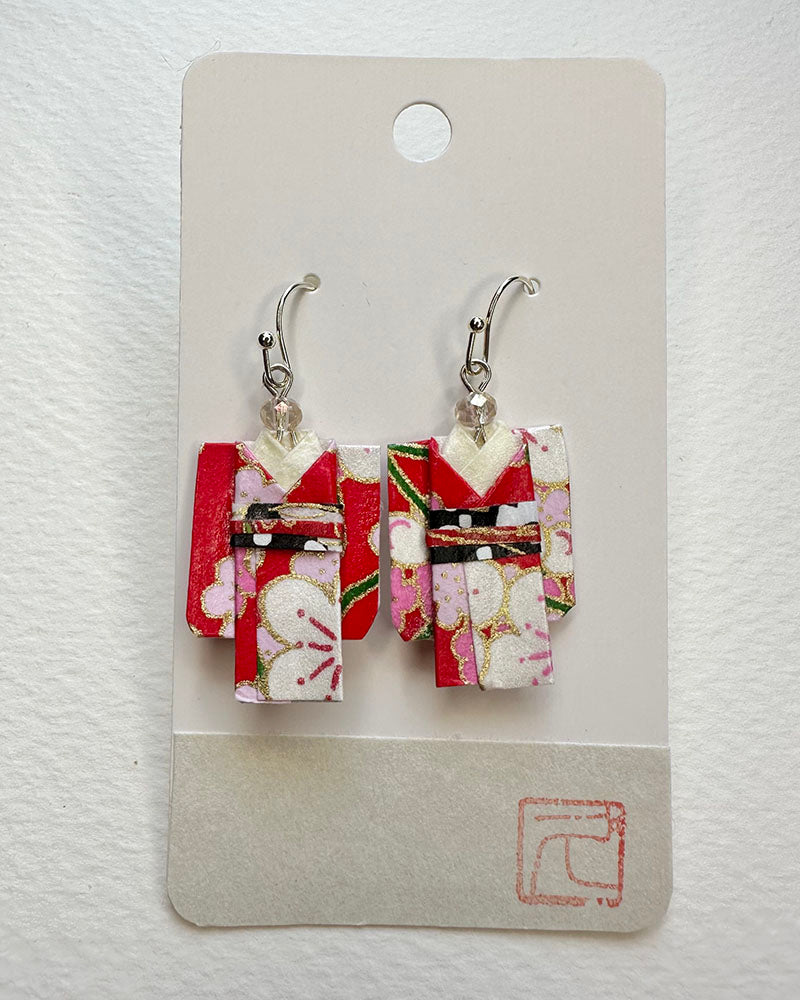 Red Sakura Kimono Textile Non-Toxic water-based glue & finish. Washi Paper, Beads, Allergy free Metalic Hand-crafted by Hisao Deldeo All earrings are one of a kind /Origami Jewelry/ Origami Earrings/ Kimono accessory/ Kimono Jewelry/Origami Yukata Jewelry/ Yukata