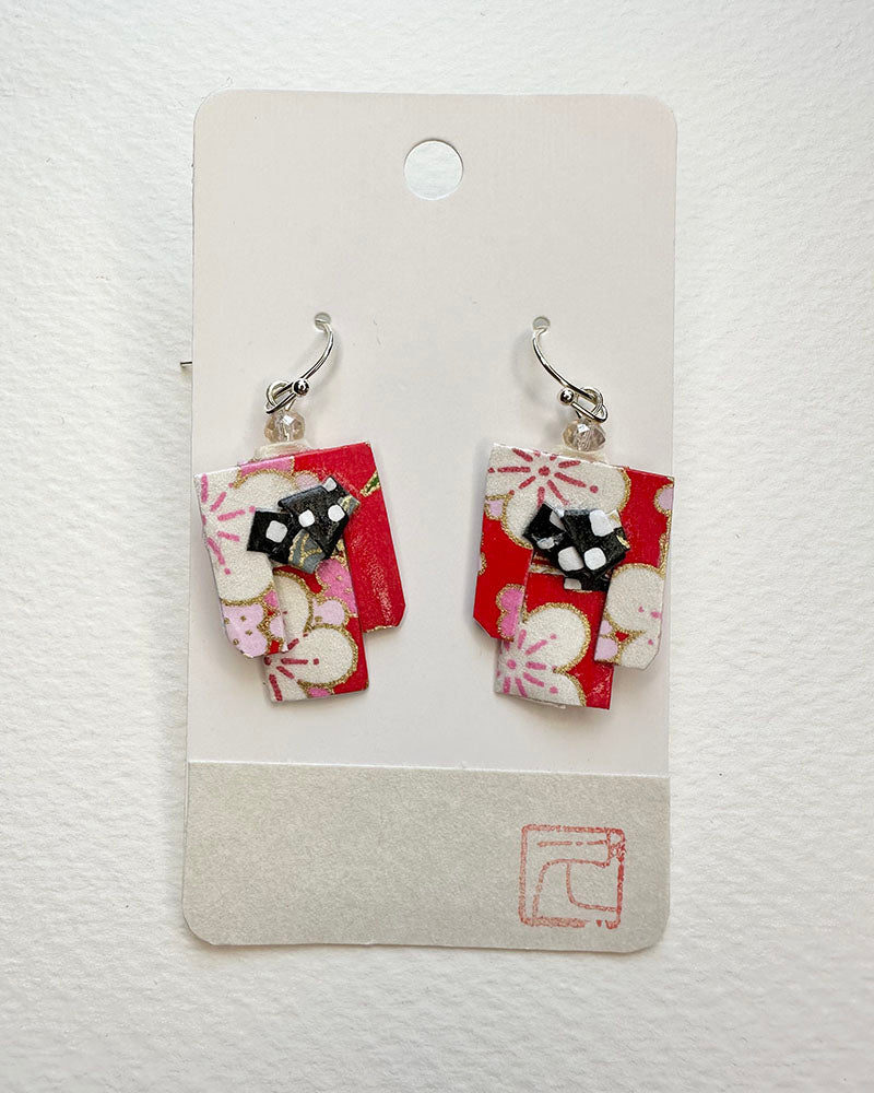 Kimono Origami Jewelry Zen Earrings -Red Sakura