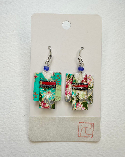 Green Garden Kimono Textile Non-Toxic water-based glue & finish. Washi Paper, Beads, Allergy free Metalic Hand-crafted by Hisao Deldeo All earrings are one of a kind /Origami Jewelry/ Origami Earrings/ Kimono accessory/ Kimono Jewelry/Origami Yukata Jewelry/ Yukata