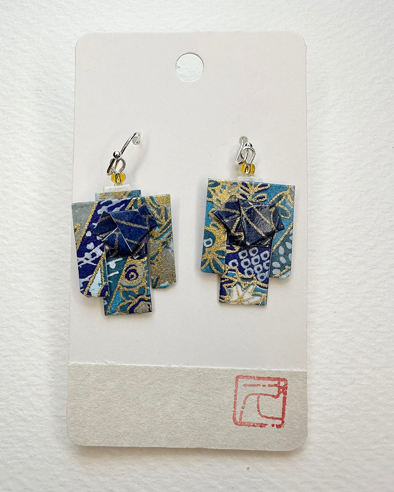 Kimono Origami Jewelry Zen Earrings -Blue & Gold Maple
