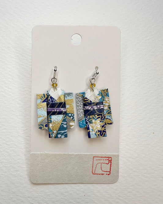 Blue & Gold Maple Kimono Textile Non-Toxic water-based glue & finish. Washi Paper, Beads, Allergy free Metalic Hand-crafted by Hisao Deldeo All earrings are one of a kind /Origami Jewelry/ Origami Earrings/ Kimono accessory/ Kimono Jewelry/Origami Yukata Jewelry/ Yukata