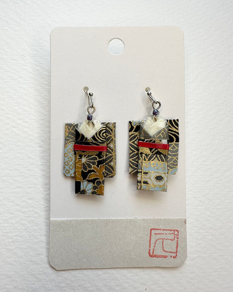 Blue Modern Textile Non-Toxic water-based glue & finish. Washi Paper, Beads, Allergy free Metalic Hand-crafted by Hisao Deldeo All earrings are one of a kind /Origami Jewelry/ Origami Earrings/ Kimono accessory/ Kimono Jewelry/Origami Yukata Jewelry/ Yukata