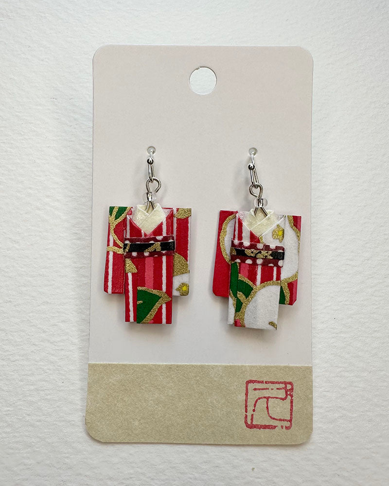 Camellia Textile Non-Toxic water-based glue & finish. Washi Paper, Beads, Allergy free Metalic Hand-crafted by Hisao Deldeo All earrings are one of a kind /Origami Jewelry/ Origami Earrings/ Kimono accessory/ Kimono Jewelry/Origami Yukata Jewelry/ Yukata