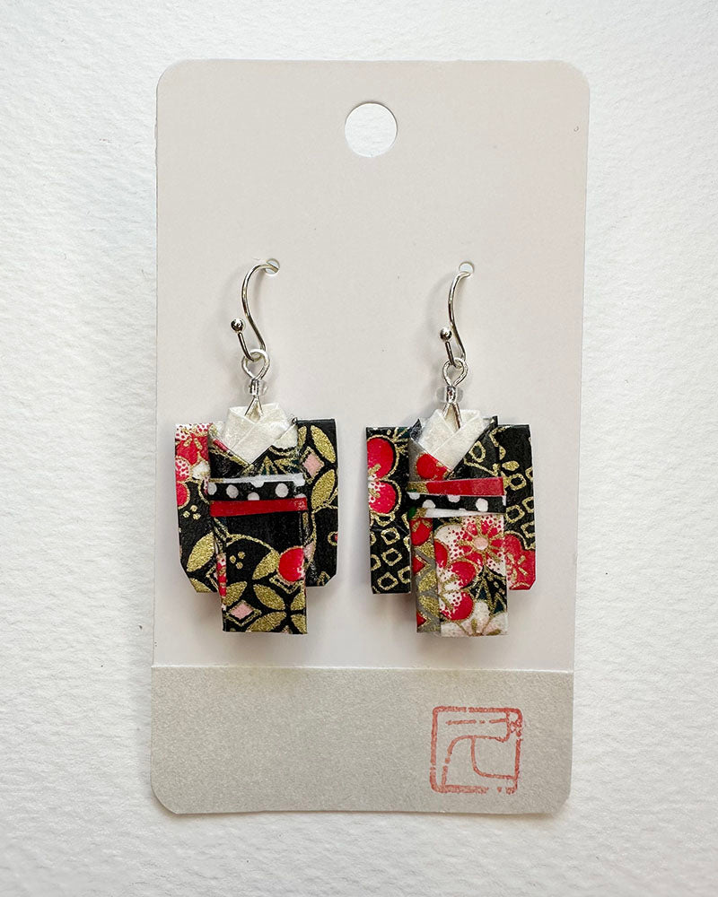 Black Plum Textile Non-Toxic water-based glue & finish. Washi Paper, Beads, Allergy free Metalic Hand-crafted by Hisao Deldeo All earrings are one of a kind /Origami Jewelry/ Origami Earrings/ Kimono accessory/ Kimono Jewelry/Origami Yukata Jewelry/ Yukata