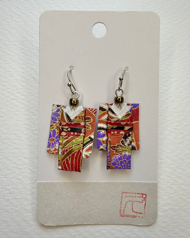 Vermilion Textile Non-Toxic water-based glue & finish. Washi Paper, Beads, Allergy free Metalic Hand-crafted by Hisao Deldeo All earrings are one of a kind /Origami Jewelry/ Origami Earrings/ Kimono accessory/ Kimono Jewelry/Origami Yukata Jewelry/ Yukata