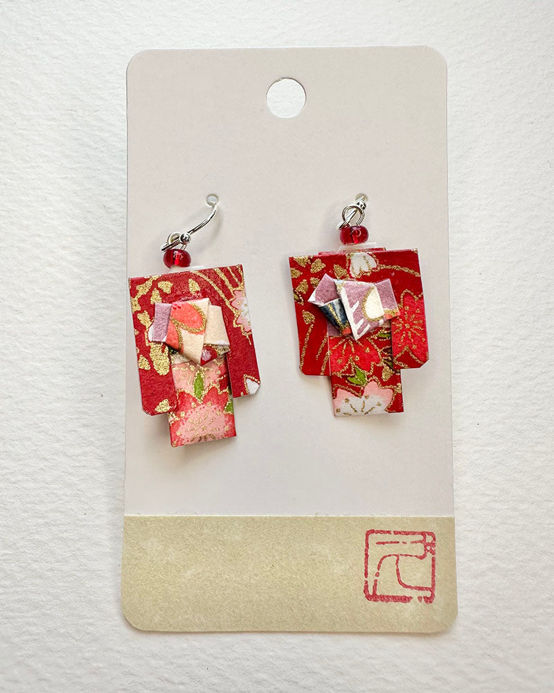 Kimono Origami Jewelry Zen Earrings -Red Cherry Blossoms