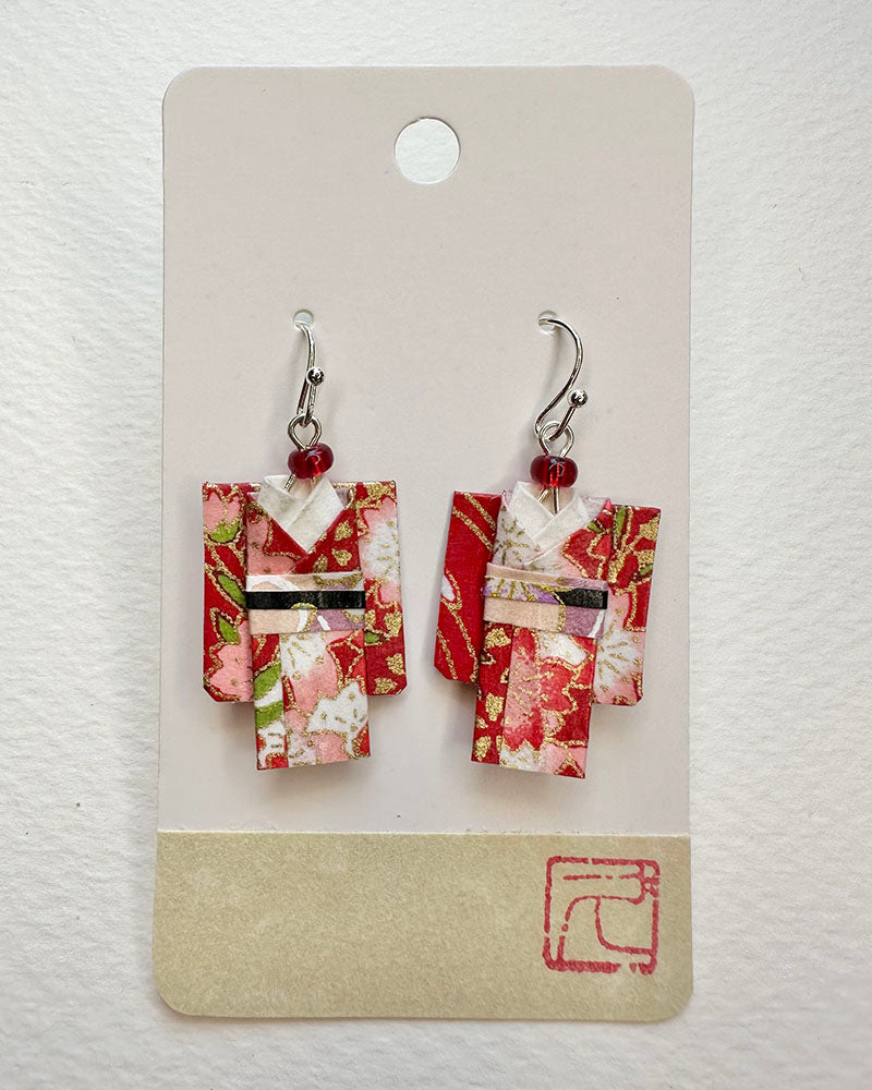 Red Cherry BlossomsTextile Non-Toxic water-based glue & finish. Washi Paper, Beads, Allergy free Metalic Hand-crafted by Hisao Deldeo All earrings are one of a kind /Origami Jewelry/ Origami Earrings/ Kimono accessory/ Kimono Jewelry/Origami Yukata Jewelry/ Yukata