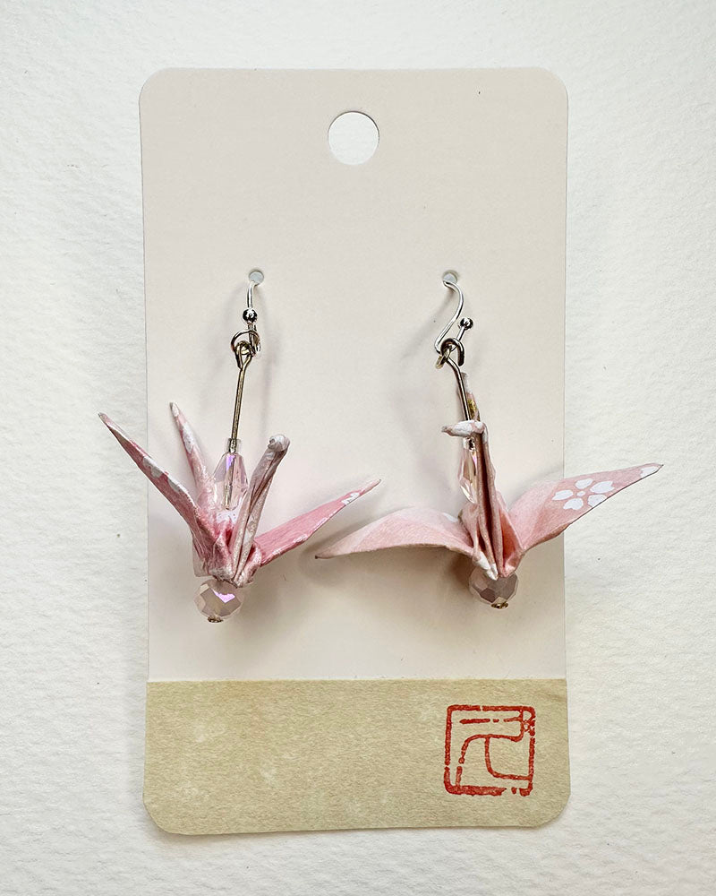 Pink Sakura Textile  Non-Toxic water-based glue & finish. Washi Paper, Vintage Botton, Allergy free Metalic Hand-crafted by Hisao Deldeo SKU: OTJE 001 TsuruEarringsAll earrings are one of a kind.