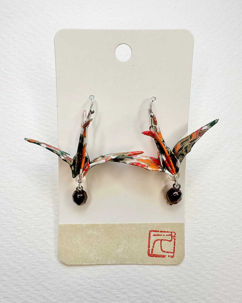 Orange/Green Textile  Non-Toxic water-based glue & finish. Washi Paper, Vintage Botton, Allergy free Metalic Hand-crafted by Hisao Deldeo SKU: OTJE 003 TsuruEarringsAll earrings are one of a kind.