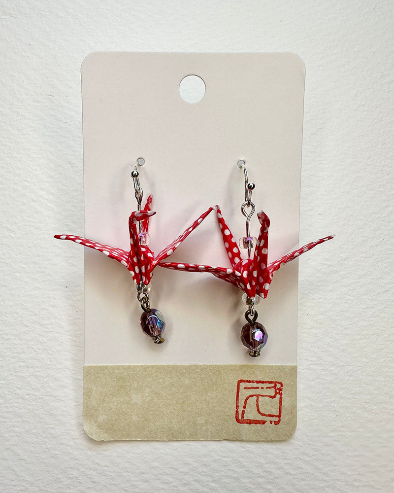 Red Polka Dots Textile  Non-Toxic water-based glue & finish. Washi Paper, Vintage Botton, Allergy free Metalic Hand-crafted by Hisao Deldeo SKU: OTJE 004 TsuruEarringsAll earrings are one of a kind.