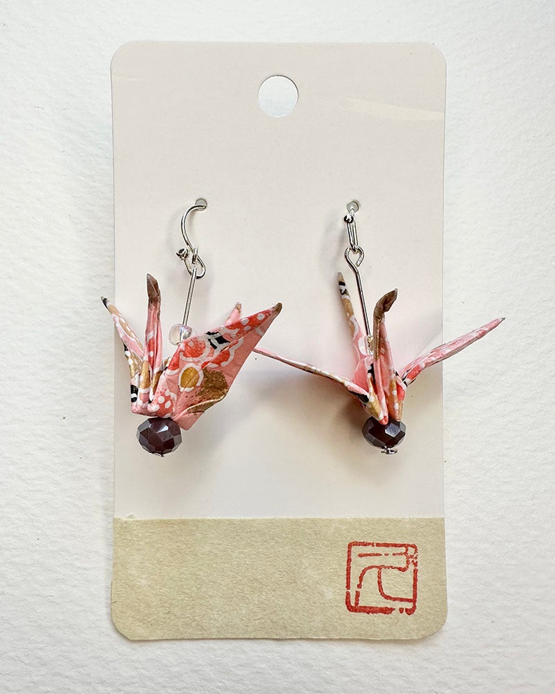 Pink Flowers Textile  Non-Toxic water-based glue & finish. Washi Paper, Vintage Botton, Allergy free Metalic Hand-crafted by Hisao Deldeo SKU: OTJE 005 TsuruEarringsAll earrings are one of a kind.