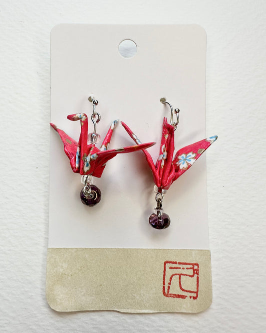 Red/Blue Flowers Textile  Non-Toxic water-based glue & finish. Washi Paper, Vintage Botton, Allergy free Metalic Hand-crafted by Hisao Deldeo SKU: OTJE 007 TsuruEarringsAll earrings are one of a kind.