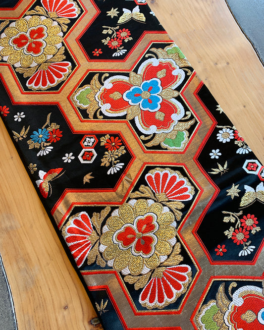 Japanese Traditional Black Kimono Obi Table Runner