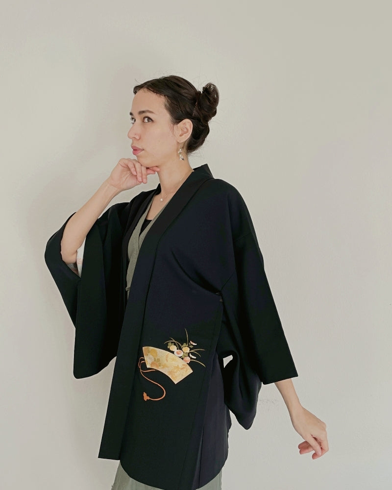 Golden Folding Fan Black Haori Kimono Jacket