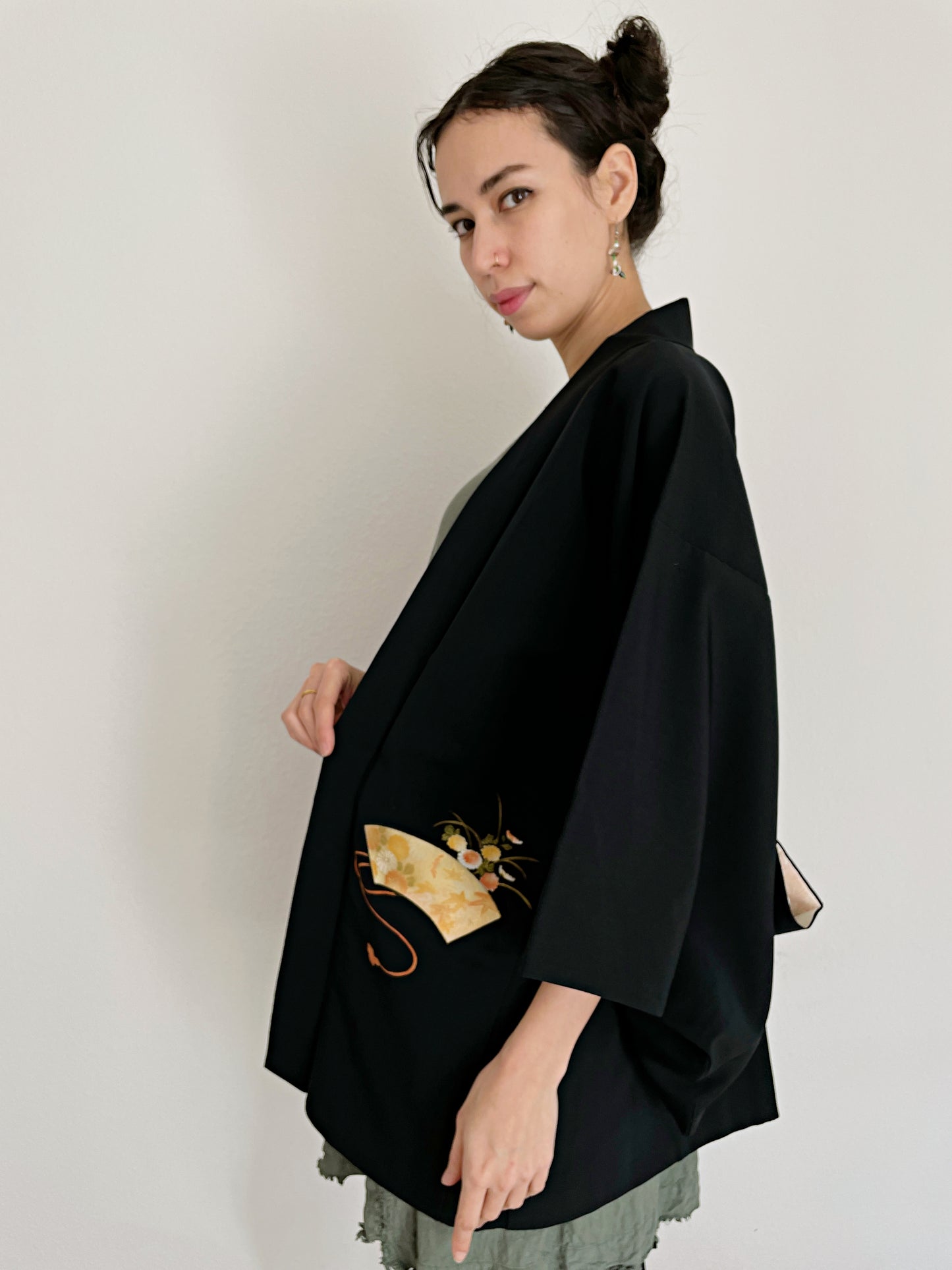 Golden Folding Fan Black Haori Kimono Jacket