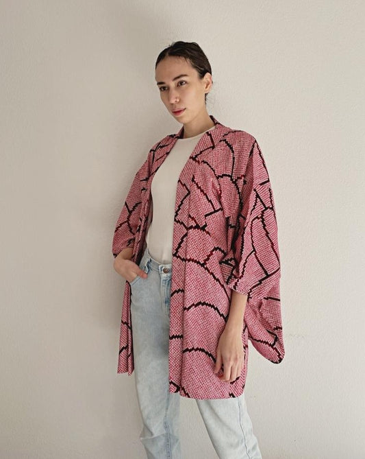 Wave Pattern in black Haori Kimono Jacket