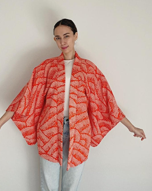 Pattern of waves in orange Haori Kimono Jacket