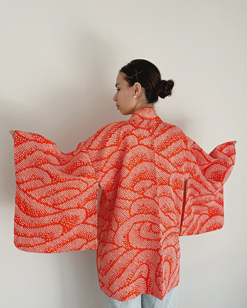 Pattern of waves in orange Haori Kimono Jacket