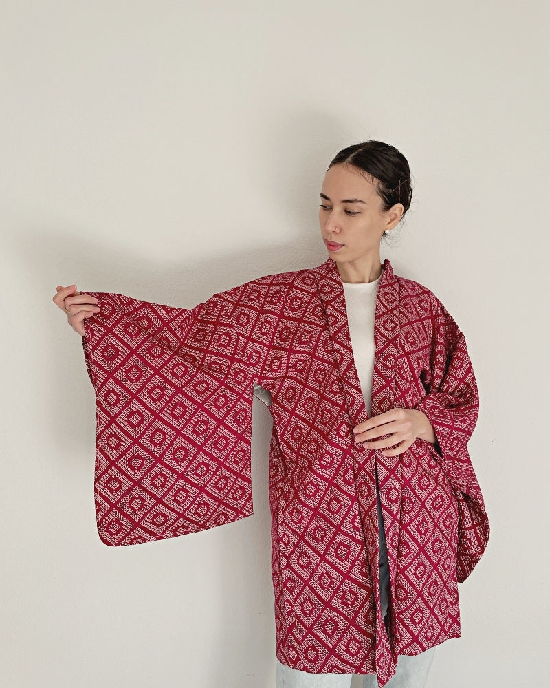 Diamond pattern in maroon red  Haori Kimono Jacket