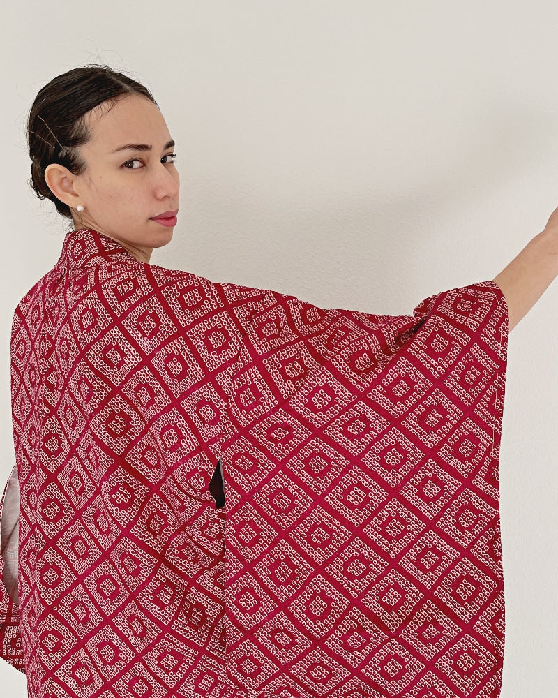 Diamond pattern in maroon red  Haori Kimono Jacket